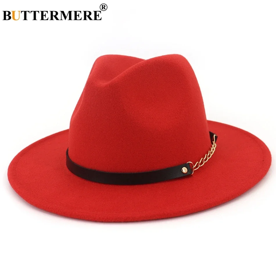 BUTTERMERE Fedora Cappello in feltro a tesa larga Donna Blu navy Cappelli jazz casual da uomo con catena Solid Classic Autunno Inverno Cappellini jazz Rosso