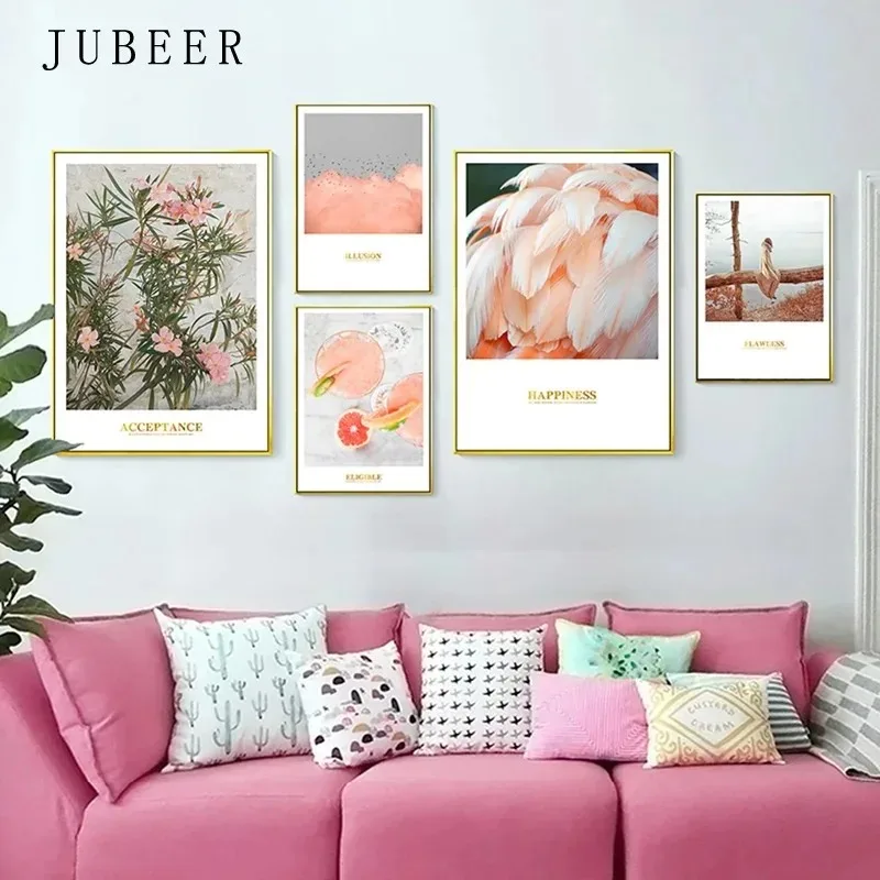 Nordic Pink Canvas Painting and Printed Flamingo Flower Combination Photo Living Room Wall Decoration Painting