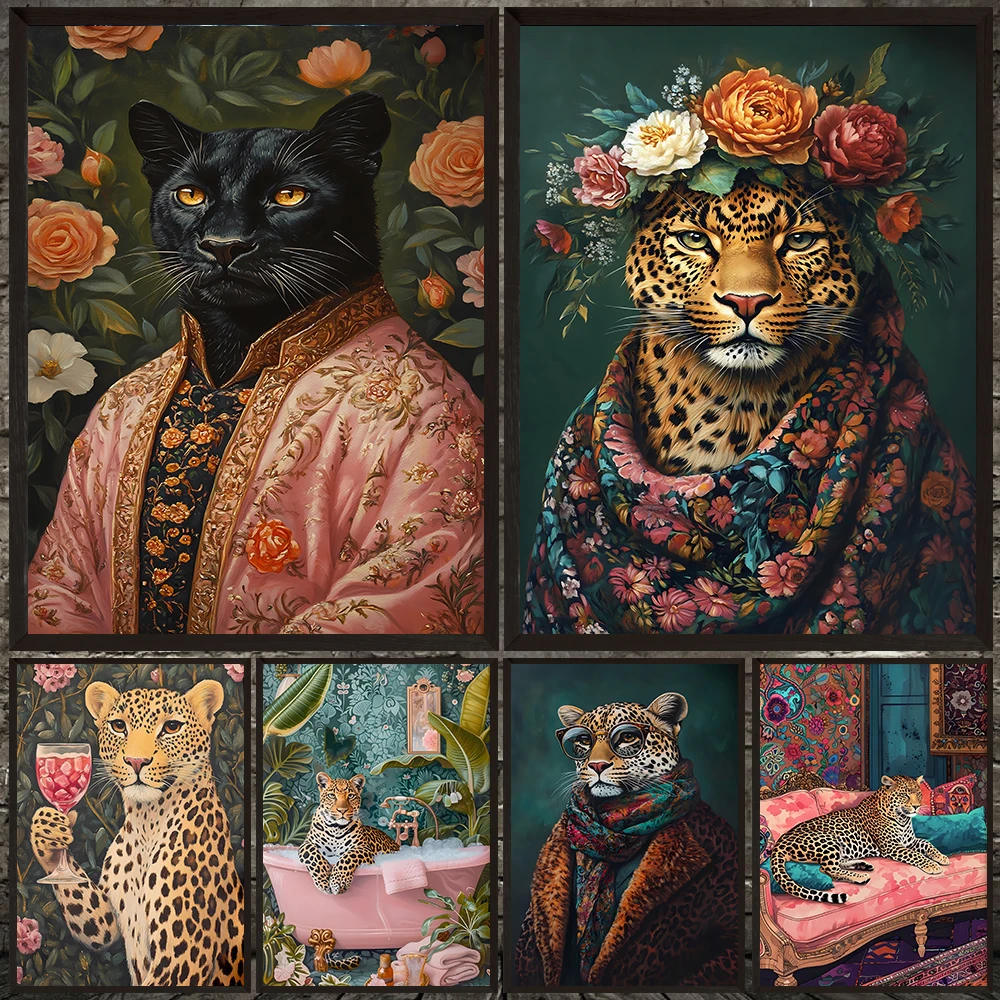 

Leopard With Floral Crown And Tiger Abstract Wall Art Canvas Painting,Regal Leopard Wildlife Trendy Poster Print Home Decoration