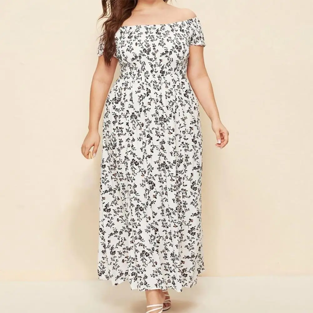 Plus Size Women Dress A-Line Ankle Length Party Dress Floral Print Casual Slash Neck Beach Maxi Dress