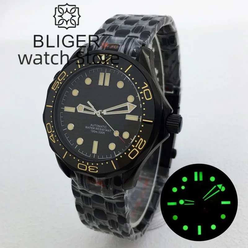 BLIGER 41mm NH35 Automatic Mechanical Men's Watch Black Dial Luminous Index Sapphire glass Spiral Crown Stainless Black Bracelet