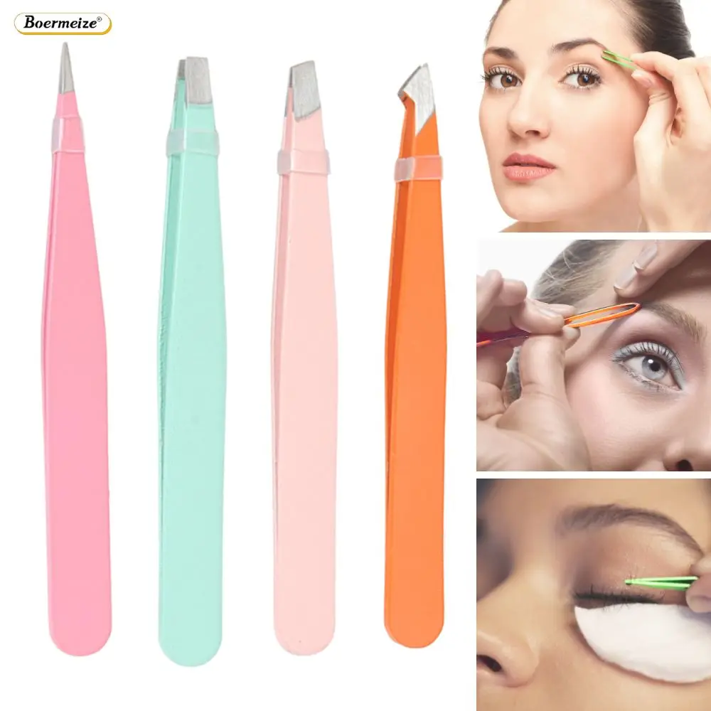 Professional 4Pcs Colorful Stainless Steel Eyebrow Tweezers Set - Slant Tip, Precision Hair Removal & Travel Case Makeup Tools