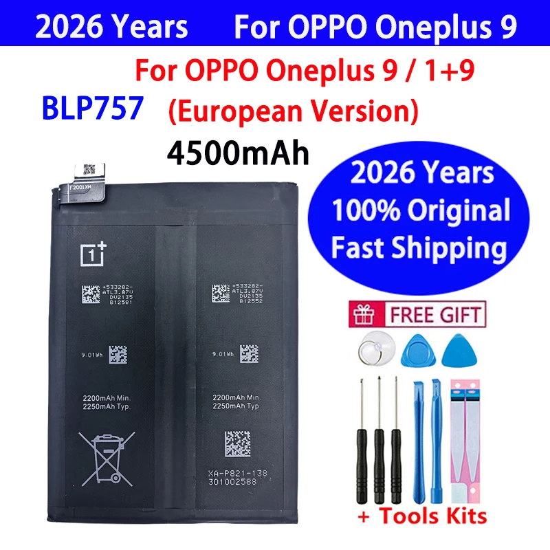 2026 سنة 100% الأصلي BLP821 قدرة 4500mAh بطارية ل OnePlus 9 النسخة الأوروبية بطاريات الهاتف بطاريات بديلة