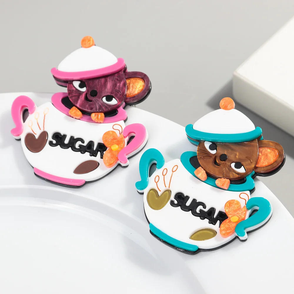 FishSheep Funny Lovely Acrylic Little Mouse Sugar Bowl Brooches Pins for Women Cartoon Animal Badge Brooch Clothing Jewelry