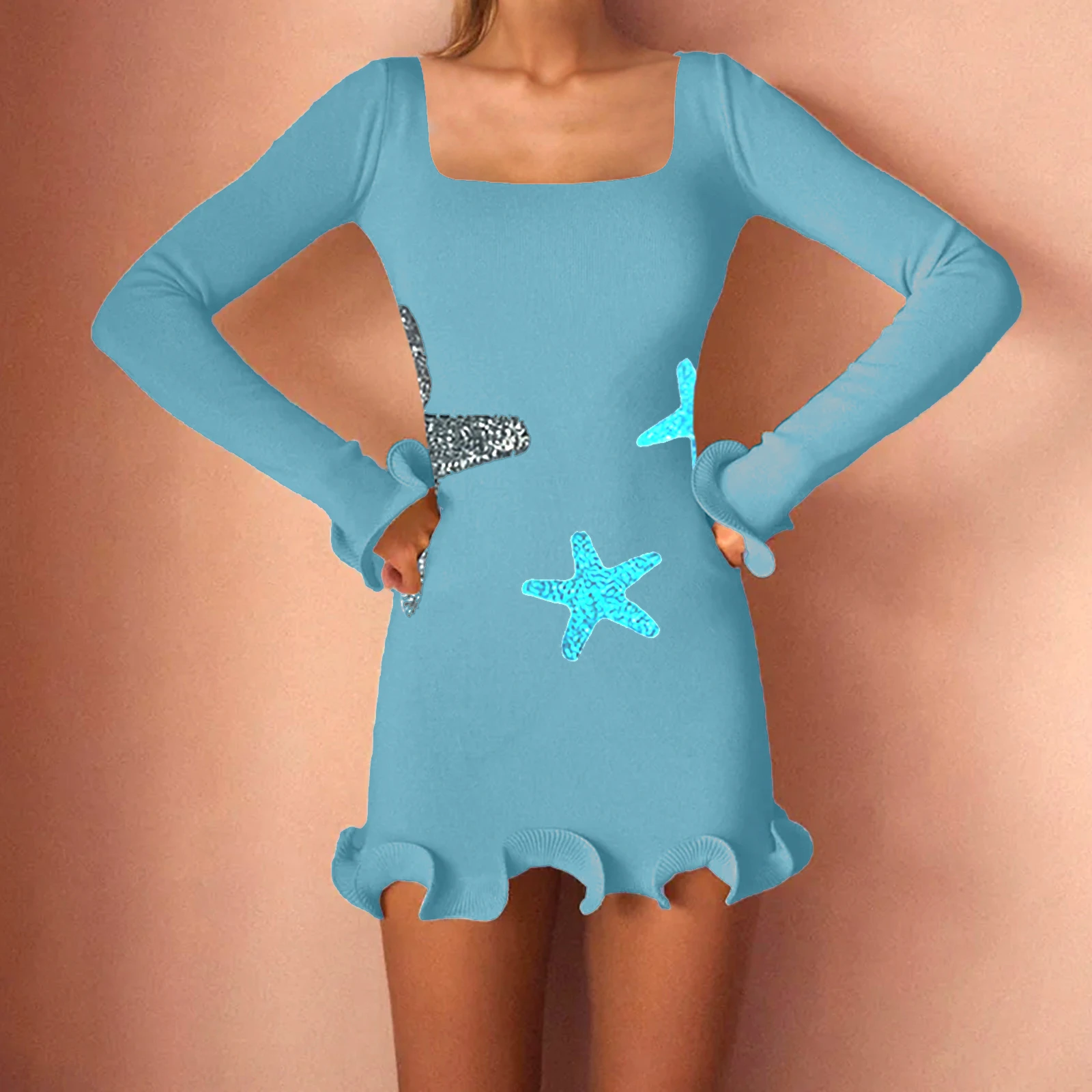 Women's Long Sleeve Mini Dress Square Neck Glitter Starfish Ruffled Hem Bodycon Dress Casual Work Dress