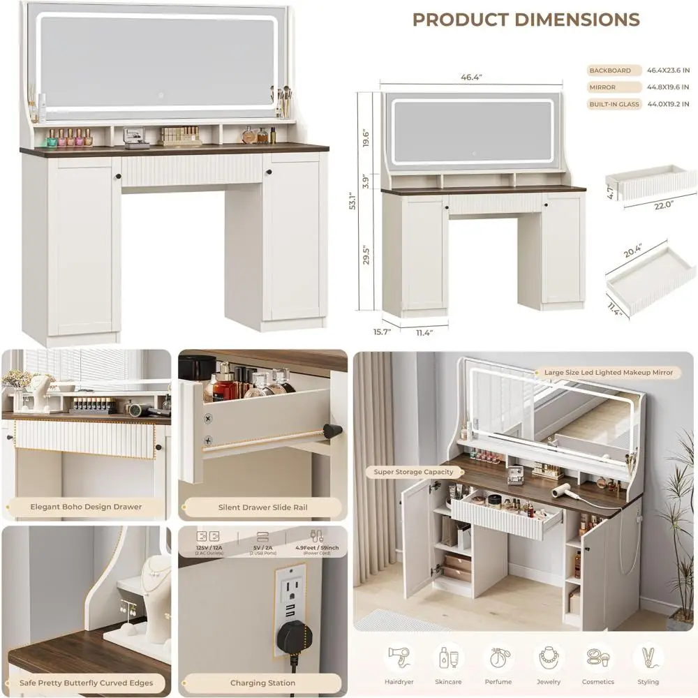 مكتب مكياج مضيء مقاس 46.5 بوصة مع مرآة وأدراج تخزين وخزائن وأضواء LED بثلاثة ألوان
