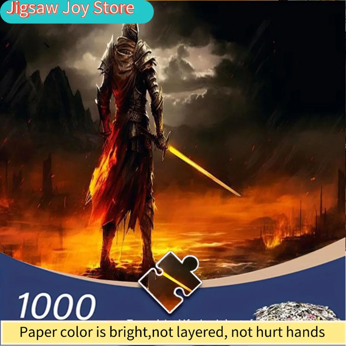 

1000pcs Medieval Knight & Burning Ruins Jigsaw Puzzle for Adults - Challenging 1000pcs Puzzle with Glowing Sword Knight, Dark