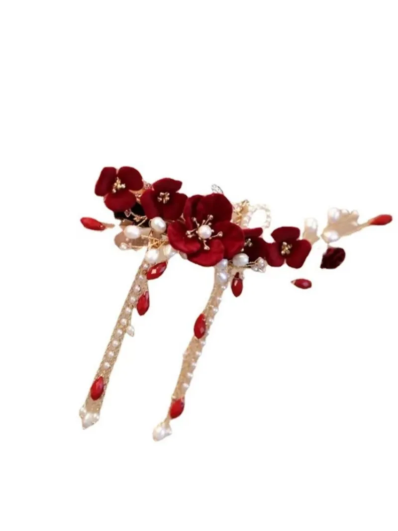 Chinese style hair clip bride bridesmaid wedding red hair clip elegant atmospheric hair accessories hair hoop