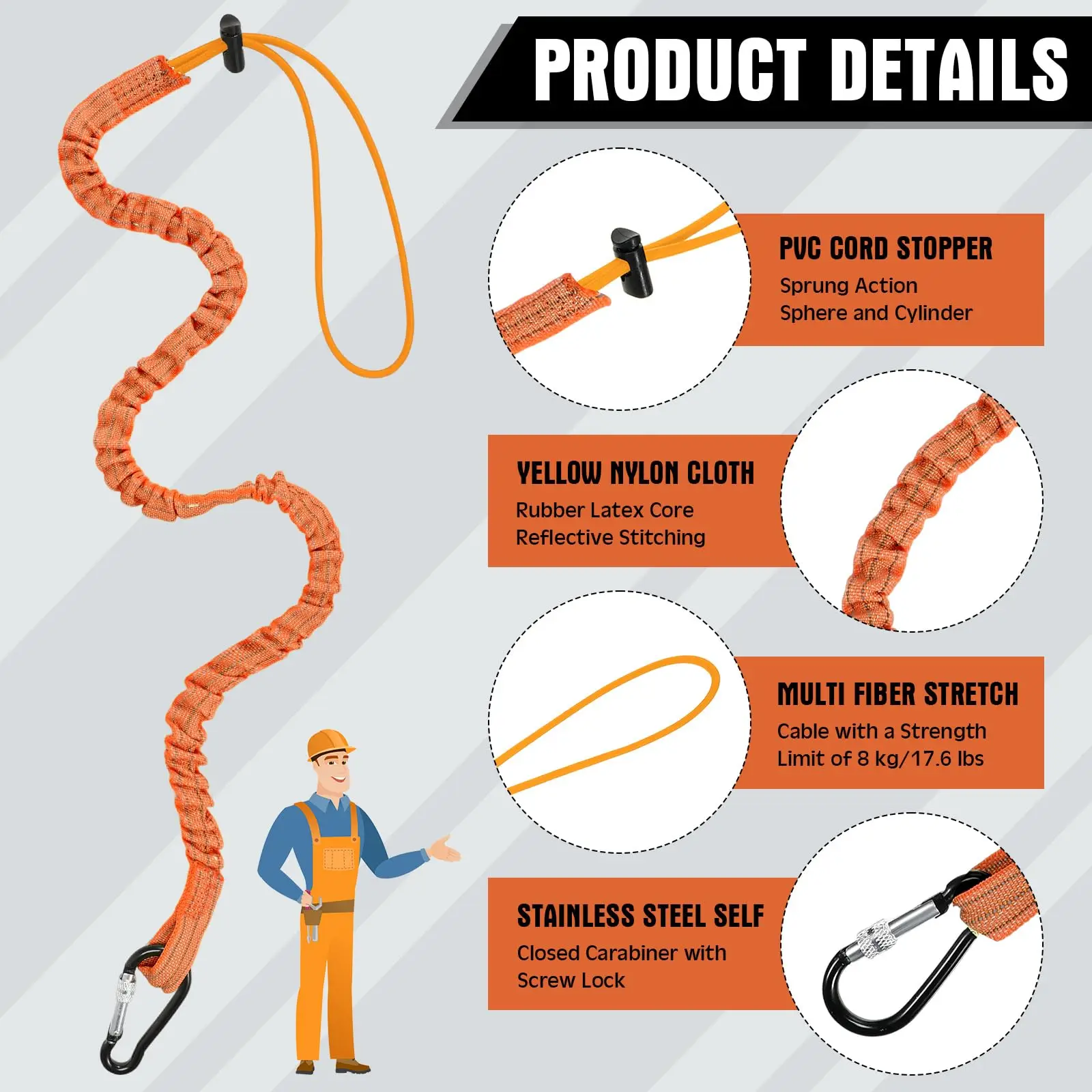 Tool Lanyard With Carabiner Hook Safety Bungee Tether Climbing Anti-Falling Safety Rope Aerial Working Cord Protective Harness