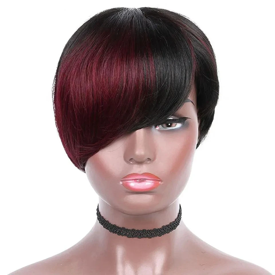 Pixie Cut Wig For Black Women Short Bob Wig Straight Human Hair Wigs With Bangs Side Part Wigs Natural Color Full Machine Made