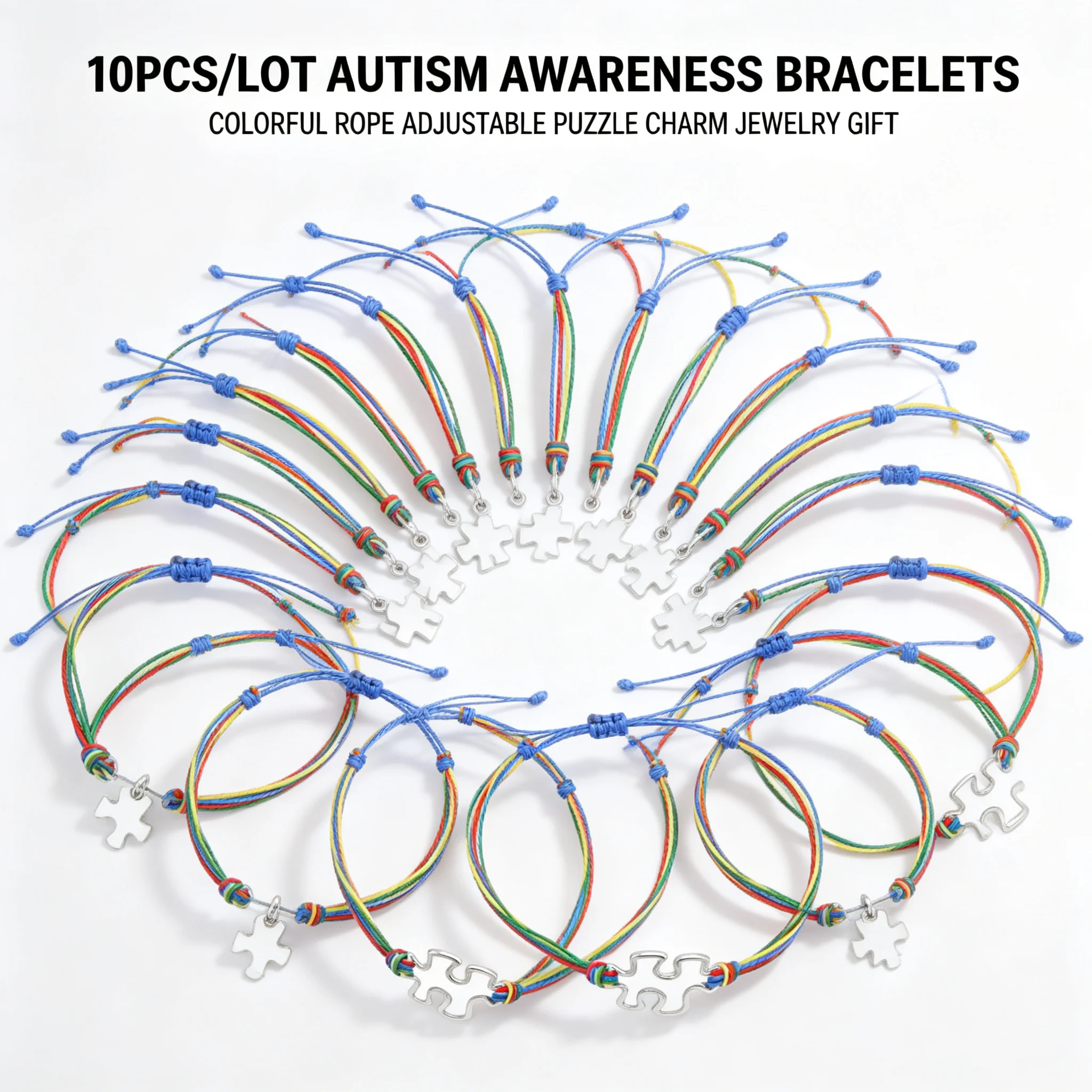 10pcs/lot Autism Awareness Puzzle Charm Bracelets & Bangles Colorful Rope Adjustable Jewelry Gift