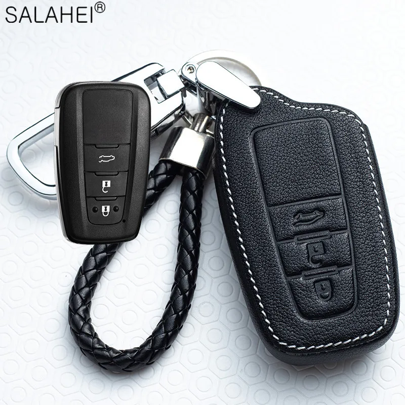 Leather Car Key Case Full Cover Shell Fob For Toyota Prius Camry Corolla CHR C-HR RAV4 Land Cruiser Prado Keychain Accessories