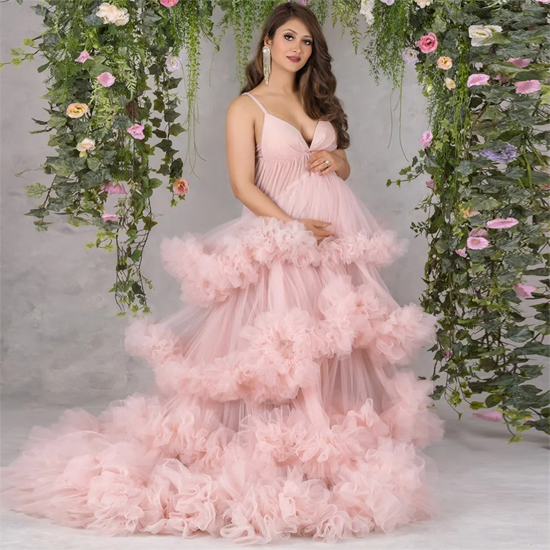 

Pink Maternity Robes Women Tulle Bathrobe Prom Dresses Photo Shoot Spaghetti Strap Sleeveless Sleepwear Nightgown Custom Made