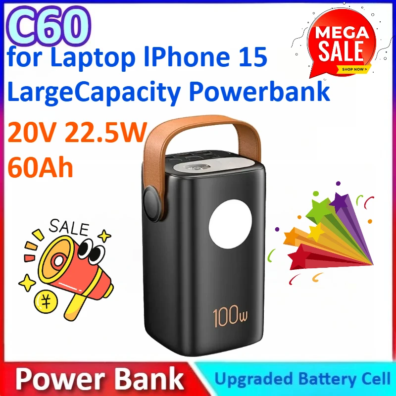 

New 20V 22.5W 60Ah C60 Power Bank USB C Portable Charging External Spare Battery for Laptop IPhone 15 Large Capacity Powerbank