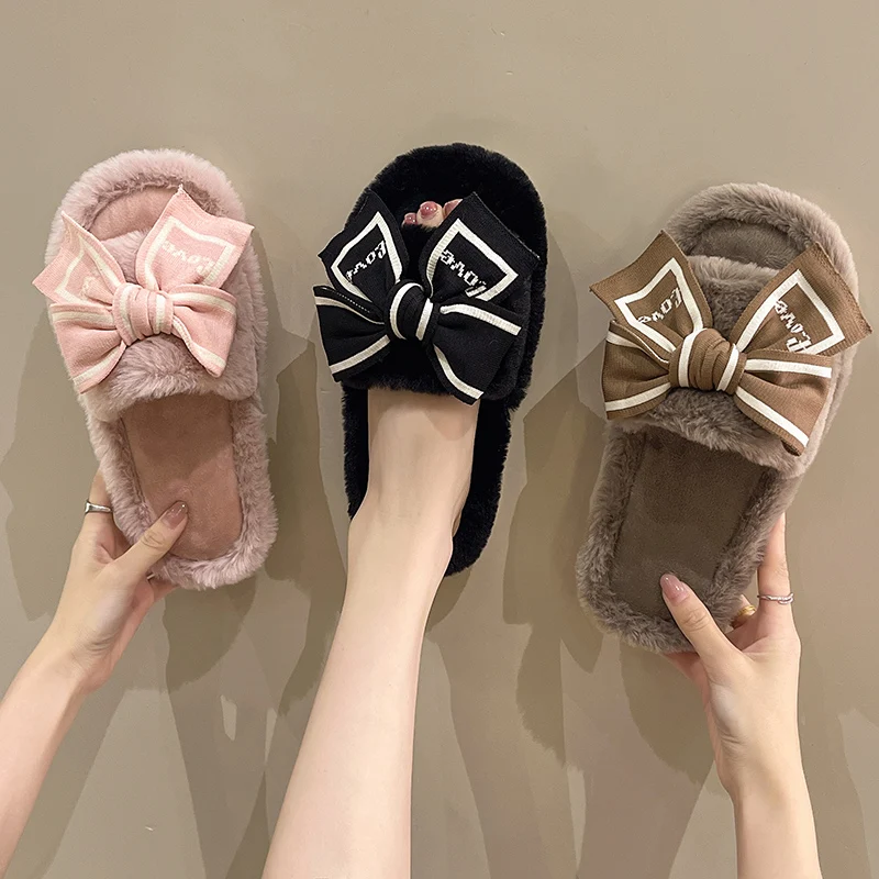 Casual Fluffy Slippers Women House Flats Fashion Winter Bowknot Love Designer Shoes Ladies Home Plush Platform Elegant Footwear