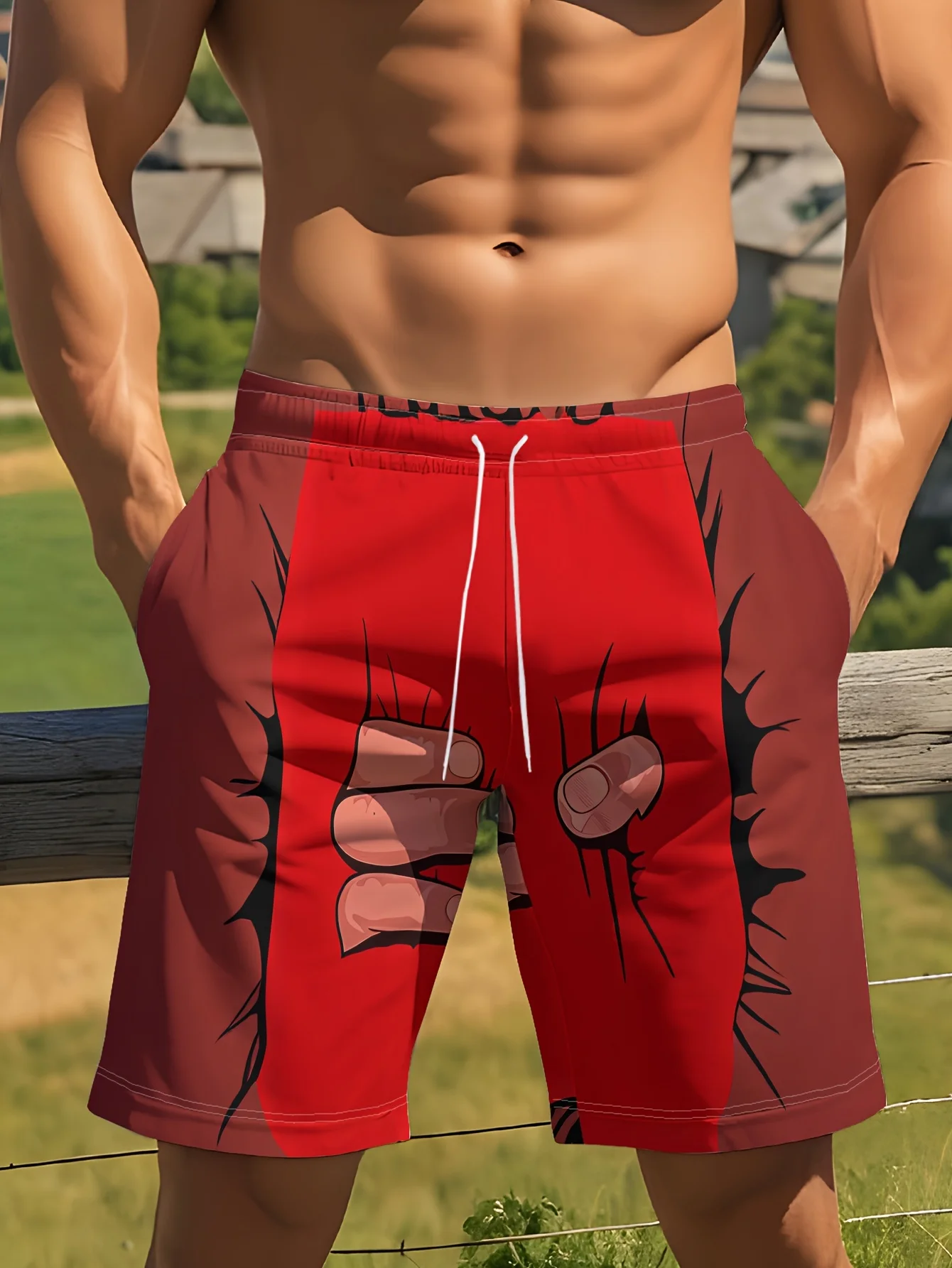 Men's 3D Wall Breaking Fist Pattern Shorts, Fun Anime Visual Illustrations, Printed Drawstring Elastic Waist Casual Beach Shorts