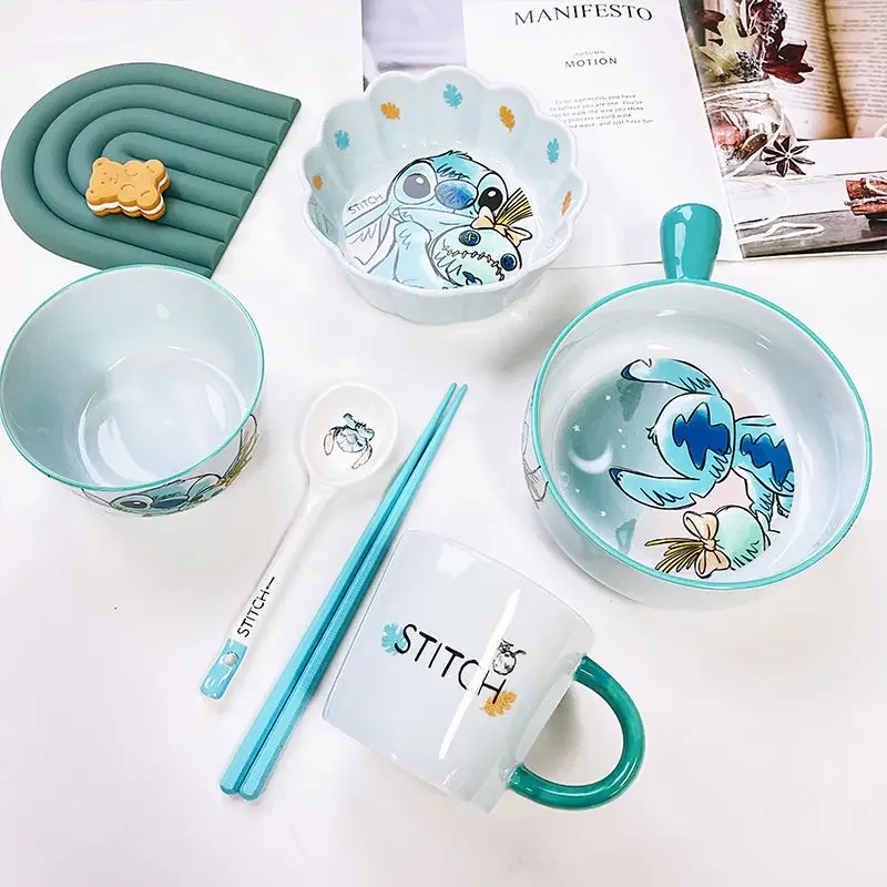 Disney Stitch Tableware Sets High Value Household Cartoon Ceramic Rice Bowl Spoon Chopsticks Meal Bowl Cute Gift for Children