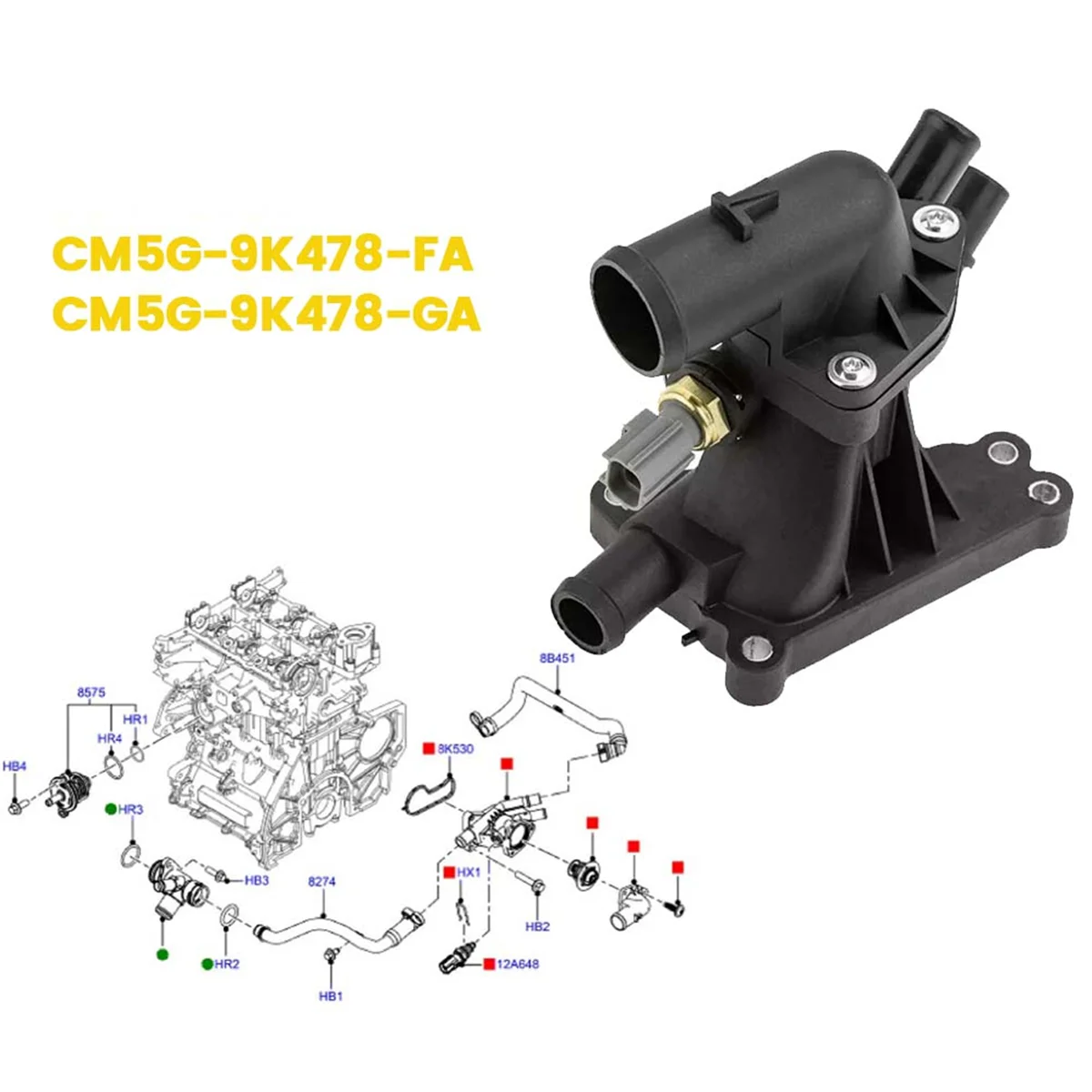 Engine Coolant Thermostat Connect Water Outlet CM5G-9K478-GA for Ford B-Max Fiesta MK7 1.0 2017-2023 CM5G-9K478-FA