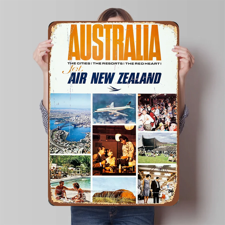 Vintage Australia Travel Poster Tin Sign Air New Zealand Classic Advertisement Wall Art Home Bar Decor