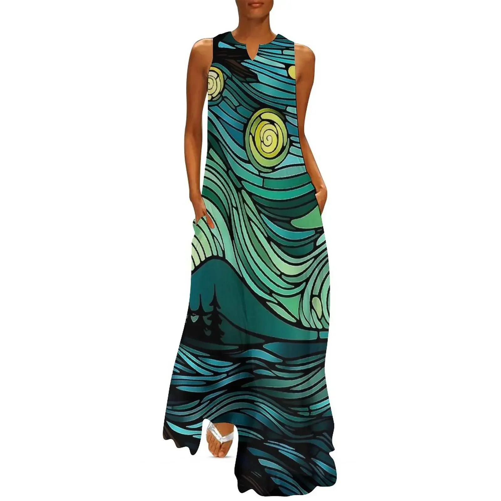 Las Vegas Sternennachtkleid Vintage Maxikleid V-Ausschnitt Benutzerdefinierte lässige lange Kleider Street Wear Vestido Elegantes Party-Damenkleid
