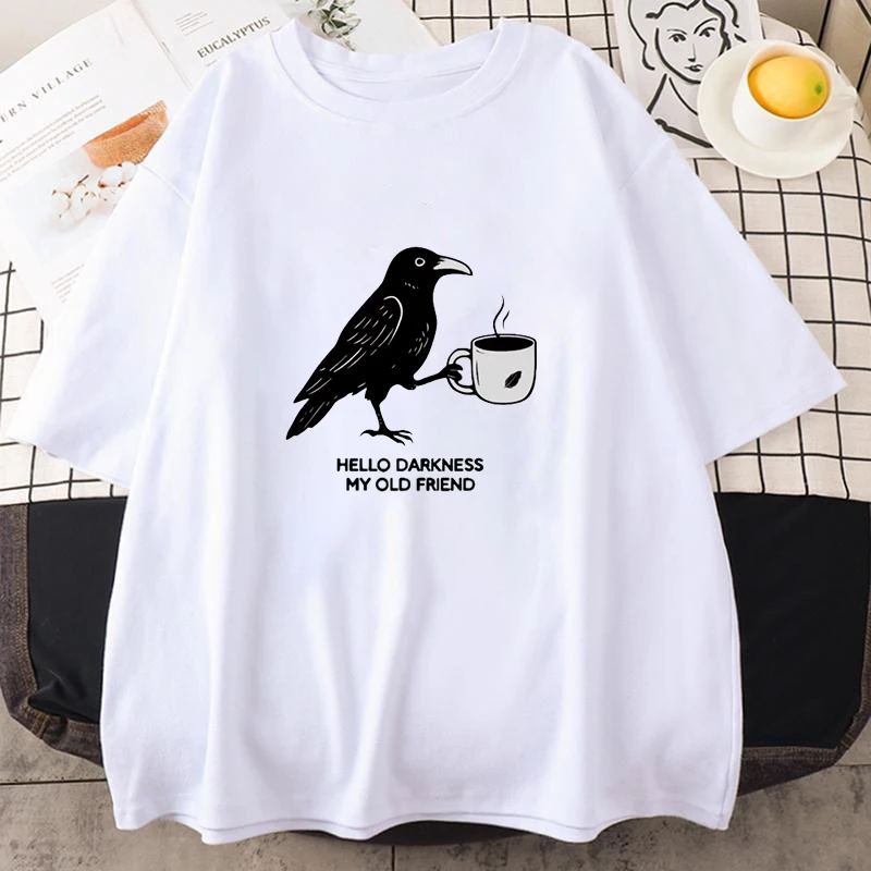 Vintage Crow Coffee T Shirt Summer Short Sleeved Unisex T-shirt Women Men Plus Size Tops Creative Crew Neck Couple Tees Clothing