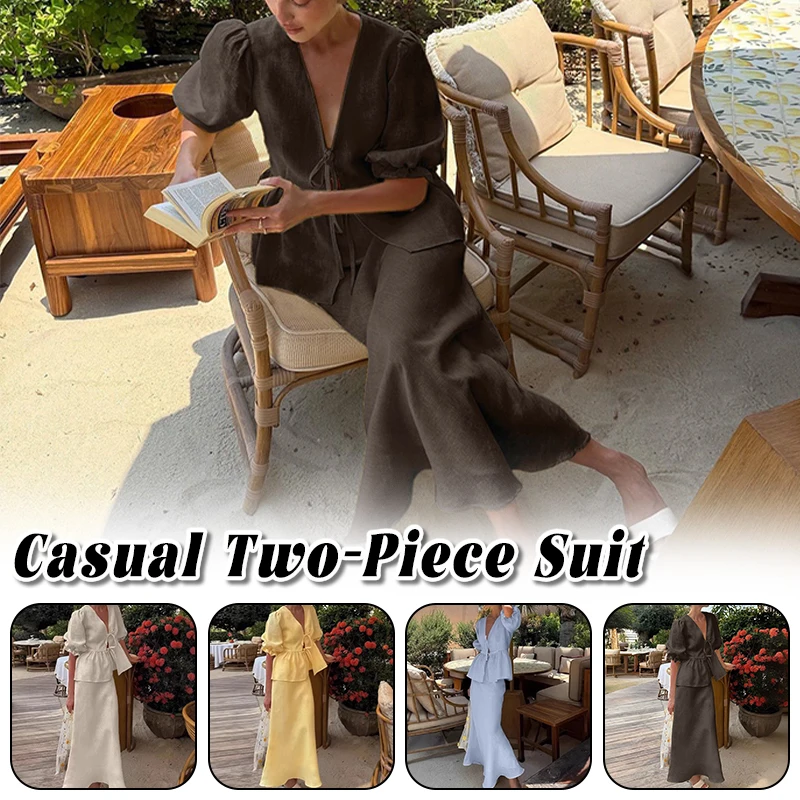 Elegant Women V Neck Puff Sleeve Tie Peplum Top High Waist Flare Long Skirt Summer Matching Set For Beach Holiday Occasion