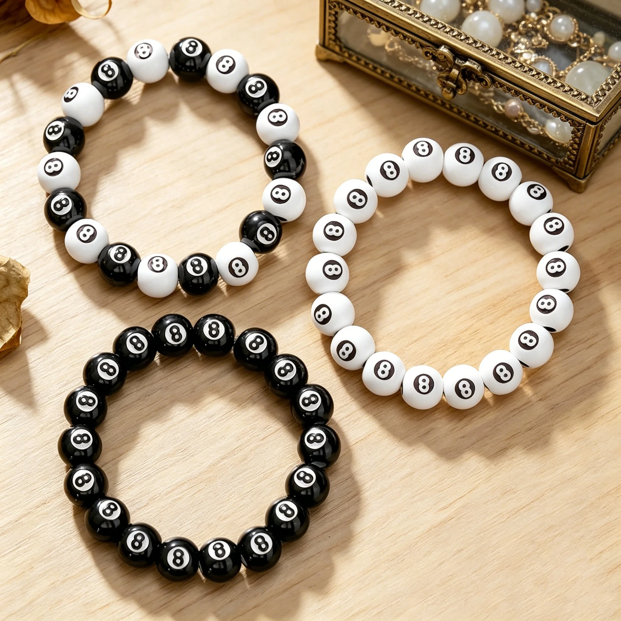 Fashion Black White Number 8 Billiard Ball Bracelet Unisex Acrylic Stretch Pool Ball Beaded Bangle for Men Women Sports Jewelry