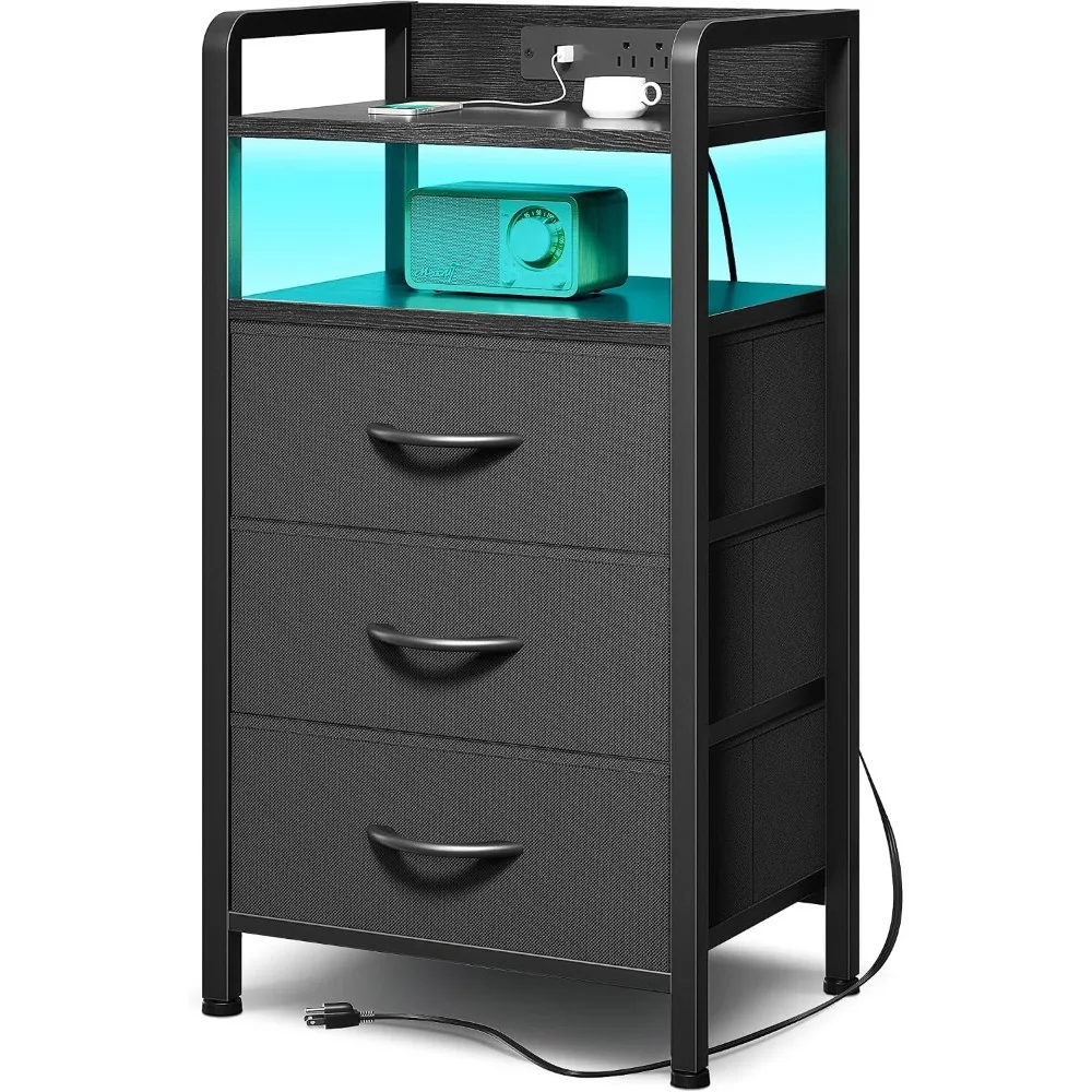 Lazzanto Nightstand with Rear Charging Station, LED Light, 3 Drawers, Black | Industrial Nightstand, 2 USB-A Ports & AC Outlets, Raised Back Guard, Fabric Storage Drawers, Bedside Table for Bedroom, Dorm
