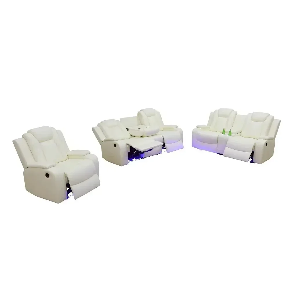 White Breathing Leather 3-Piece Living Room Recliner Sofa Set Breathable Chairs Luxury Sofa Home Sofa Set Living Room Furniture