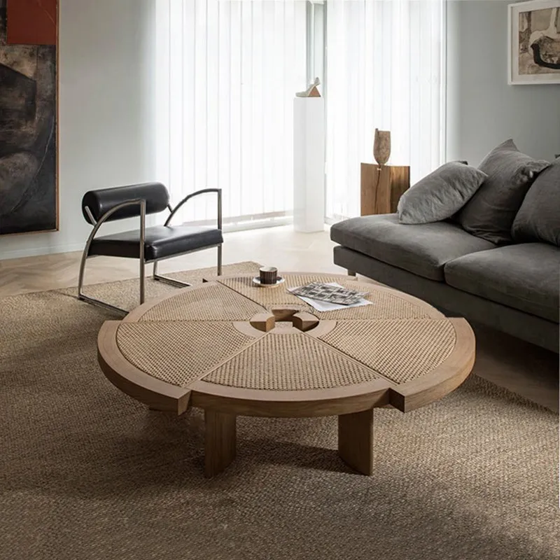 Nordic all-solid wood coffee table round low table small apartment household Japanese-style rattan creative round small tea tabl