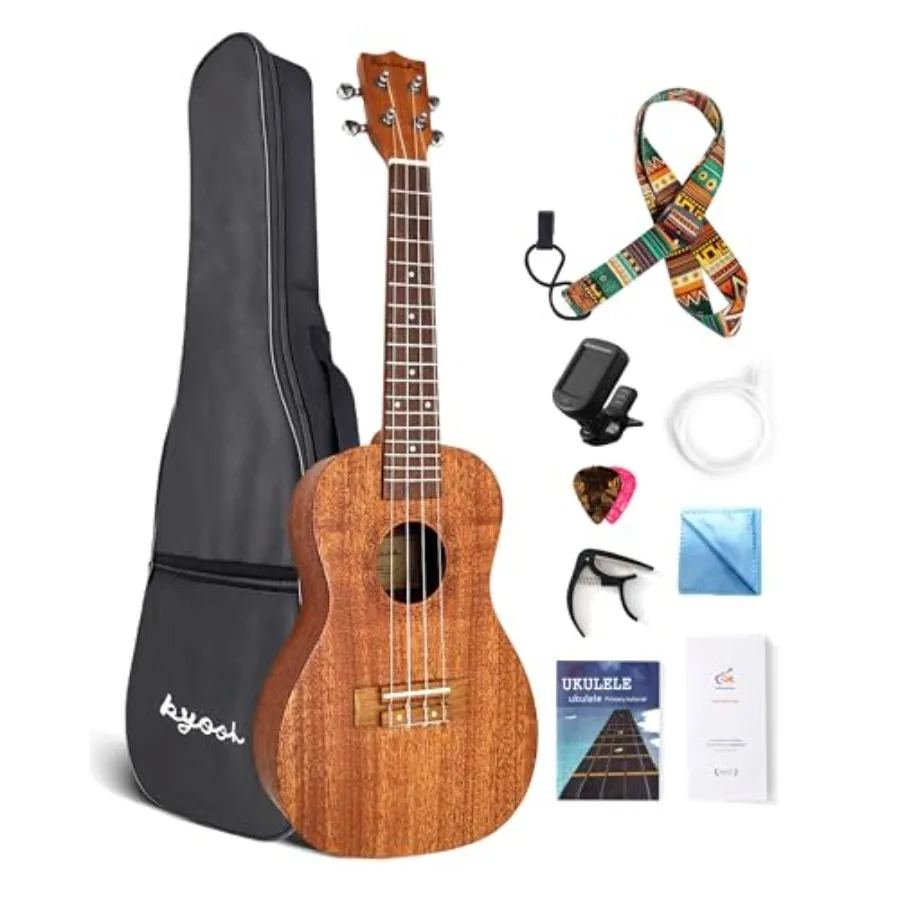 

23-дюймовое концертное укулеле из красного дерева для начинающих с онлайн-уроками, чехлом, тюнером, ремнем, нейлоновыми струнами и медиаторами