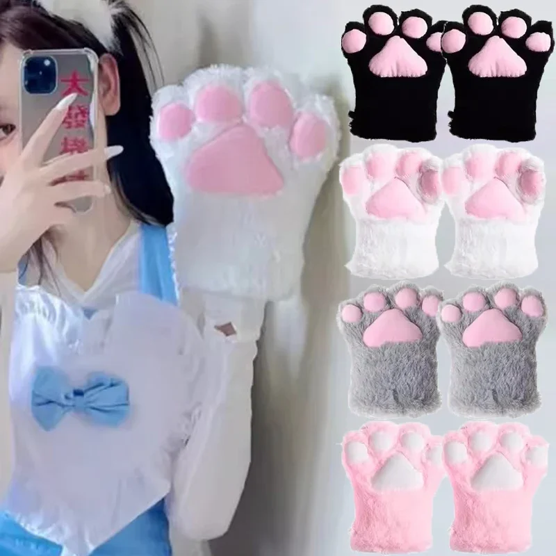 New Kawaii Women Cat Gloves Fashion Girls Cat Claw Paw Plush Mittens Warm Soft Plush Short Fingerless Half Finger Winter Gloves