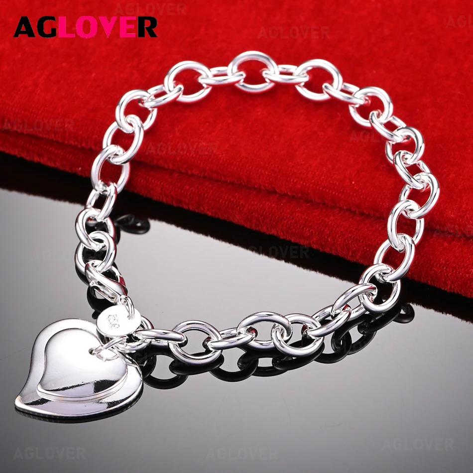 

AGLOVER 925 Sterling Silver Double Heart Chain Pendant Bracelet Fashion Elegant Women Party Jewelry