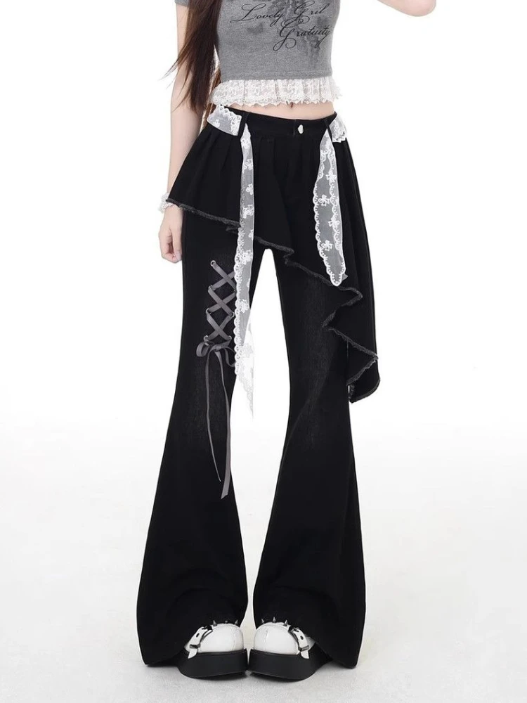 

Y2k Harajuku Sweet Jeans Fake Two Piece Bandage Patchwork Irregular Flare Pants 2025 Female Slim All Match New Women's Clothing