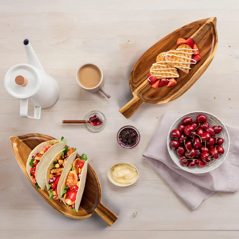 2 Pc Wood Serving Platters,13 Inch X 5.5 Inch Leaf Shaped Food Serving Trays For Entertaining,Small Cheese Platter Board Durable