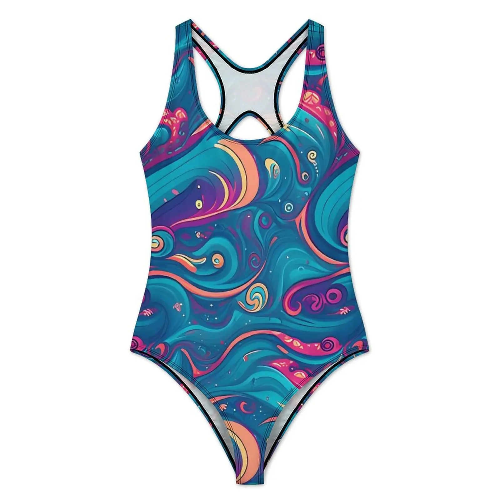 Abstract Wave Of Sea Swimsuit Sexy  Women Swimwear One Piece Trend Bodysuit Holiday Rave Push Up Backless Monokini