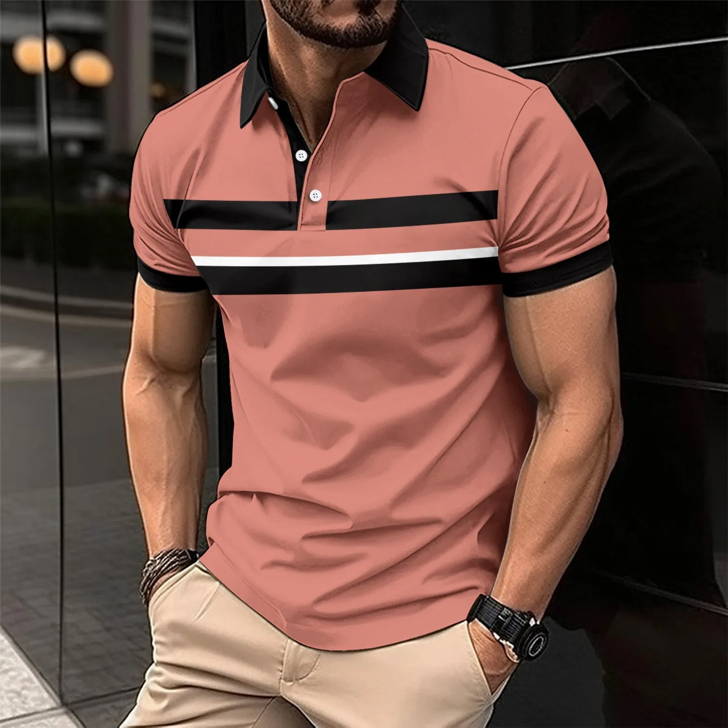 Summer men's polo shirt, golf geometry 3D printed business casual short sleeved T-shirt, European and American polo zipper shirt