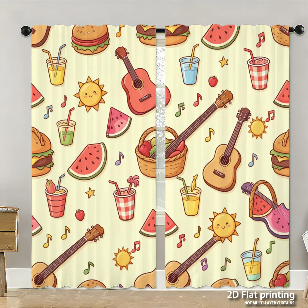 Summer Picnic Curtain, Guitar Watermelon Burger Window Drape Cute Cartoon Food Pattern Yellow Kids Room Decor, Fun Party Textile
