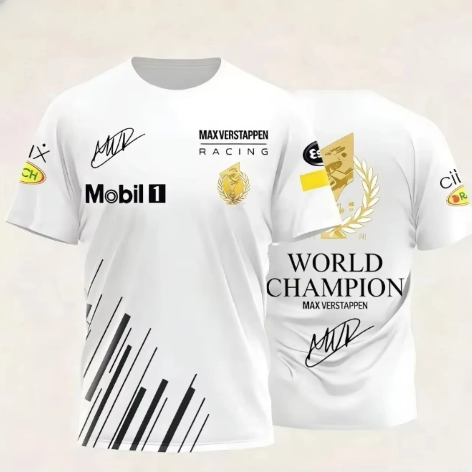 Camiseta con temática de carreras de Max Verstappen, con el logotipo y la firma del campeón mundial, ideal para los aficionados a las carreras y para el uso diario.