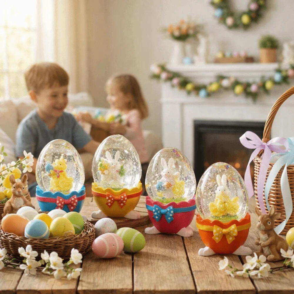 Cartoon Eggshell Shape Easter Egg Ornament Glass Handmade Bunny Rabbit Figurine Resin Crystal Ball Ornament Home Decor