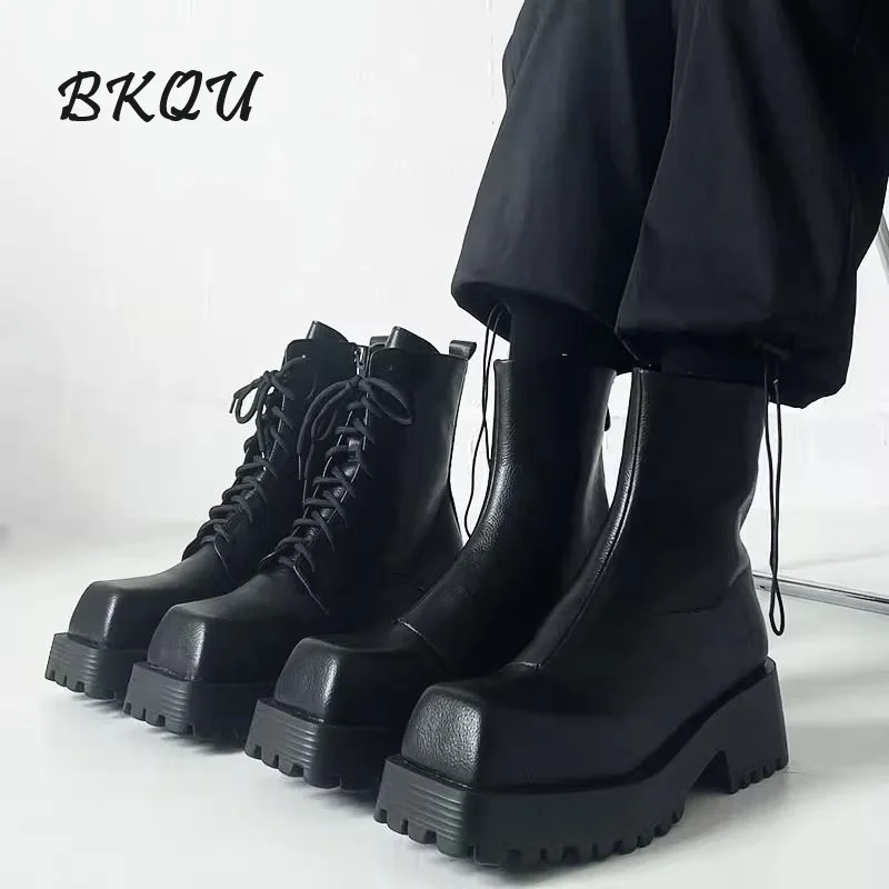 

BKQU Square Toe Boots Men's Hipster Platform Booster Bar Europe and America High Top Chelsea Smoke Boots Winter Cashmere