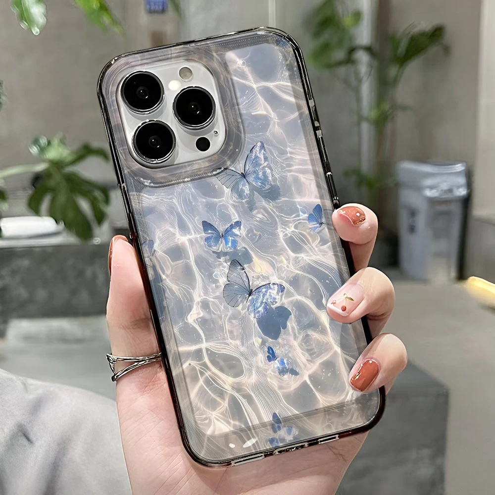 Funda Protectora para iPhone 15 16 14 13 12 11 17 Pro Max 17 Air 16 Plus con Diseño de Mariposa Azul Brillante para Proteger la Cámara