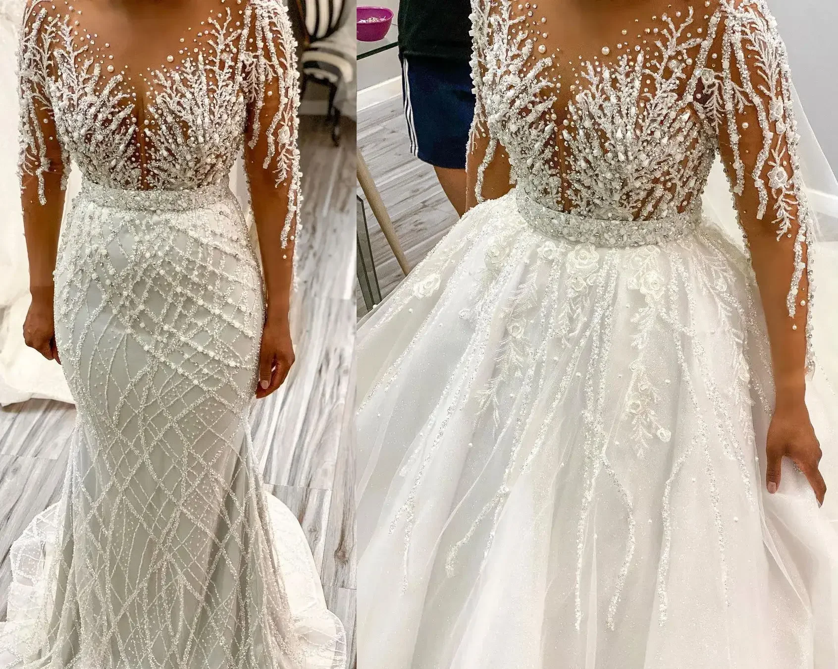 Customized Long Sleeves Vestidos De Novia African Heavy Handwork Sequins Beads Plus Size Two In One Wedding Dresses W