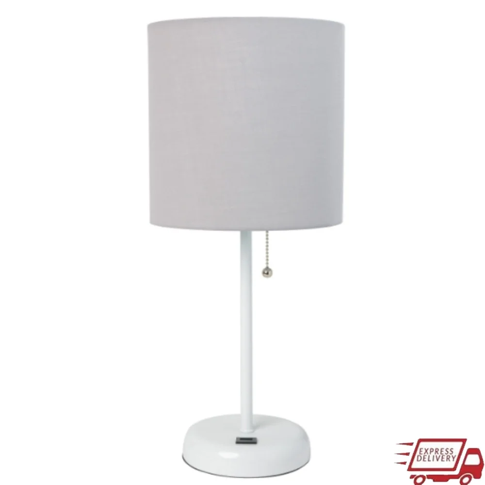 

White Stick Lamp with USB Charging Port Fabric Shade Bedrooms Dorms Nurseries Offices Modern Home Decor