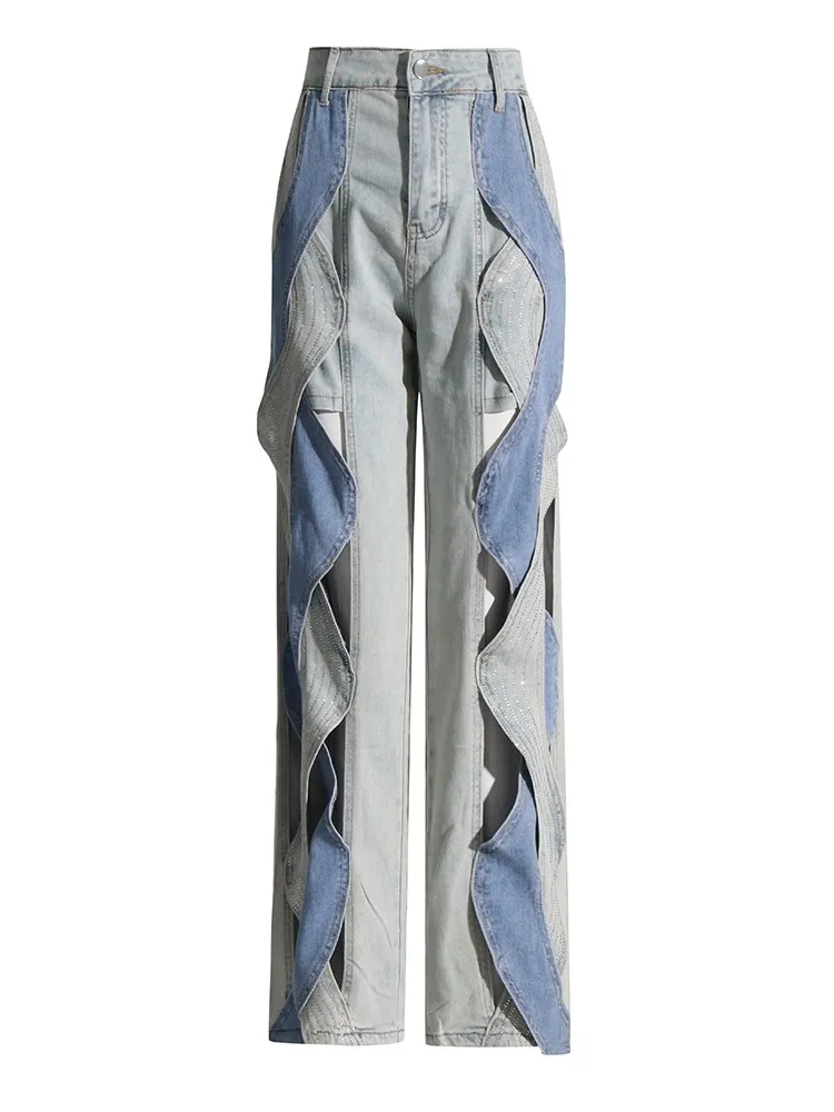 VGH Crisscross Hit Color Streetwear Denim Trousers For Women High Waist Patchwork Pockets Hollow Out Split Pants Female 2024