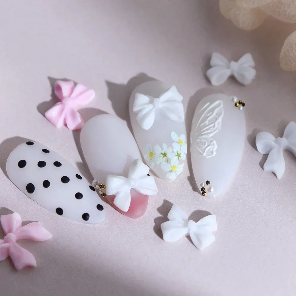 6 Grids Pink White Bow 3D Nail Charms Korean Kawaii Resin Rhinestone Nail Art Decoration Accessories Valentine's Manicure Design