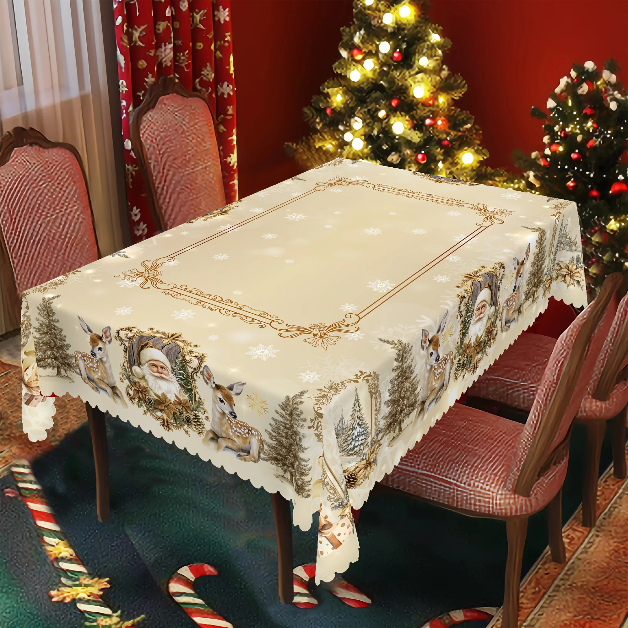 VIKAMA Winter Snowflake Wreath Tablecloth Rectangle Waterproof Washable Pine for Festive Holiday Dinner Party Decor