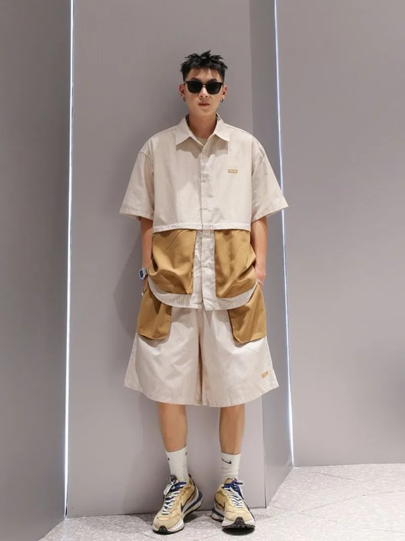

Men's Summer Loose Fit Color Blocked Pseudo Two Piece Shirt Shorts Combo Designer Large Pockets Breathable Casual Outfit
