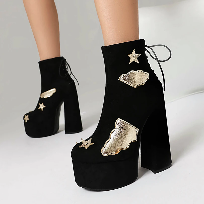 

Plus Size Frosted Flock Patchwork Sequins Ultra Fiber High Table Back Lace Up Short Boots Five-Star Pattern Mixed Colors Boots