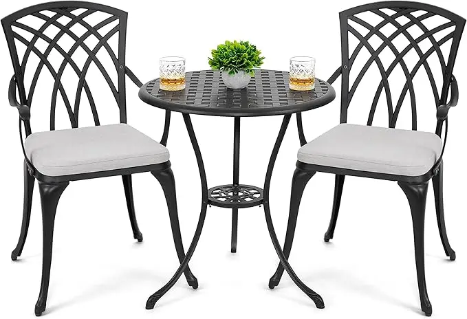 

3 Piece Outdoor Aluminum Patio Bistro Set Patio Table And Chairs Set Of 2 With Umbrella Hole And Gray Cushions,